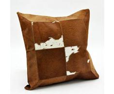M S L Coussin en Cuir de Vache Marron et Blanc