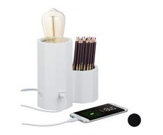 Relaxdays 10028032_49 Lampe de Chevet avec Connexion USB,Porte stylos, E27, pour Bureau HxlxP 18,5 x 19 x 10 cm, Blanche, Bois, Blanc, Taille Unique