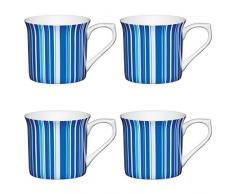 Kitchencraft Fine à Rayures cannelée Imprimé Tasses, 300 ML (Lot de 4), Porcelaine Anglaise, Bleu, 11.5 x 8.5 x 8 cm