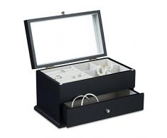 Relaxdays Boîte à bijoux avec grand miroir HxlxP: 15,5 x 28 x 16,5 cm armoire à bijoux avec tiroirs pour chaînes montres 4 compartiments et 5 coussins pour bagues en bois coffre à bijoux, brun rouge