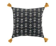 COUSSIN POMPONS 40 x 40 CM COTON IMPRIME LETIKO NOIR DES. PLACE