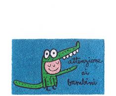 laroom Paillasson Motif attenzione AI Bambini, Jute and Base antidérapante, Bleu, 40 x 70 x 1,8 cm