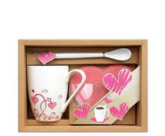 laroom 14158Â âÂ Set Cadeau Bureau Tasse Fleurs S avec cuillÃ¨re et Dessous de cÅur, Blanc, Rose