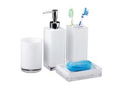 Relaxdays Accessoires salle de bain Set 4 pièces distributeur savon gobelet brosse à dent porte-savon plastique, blanc,9 x 12 x 19.5 cm