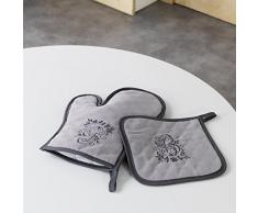 Charme et Douceur Gant + MANIQUE Polyester Brode Bonheur Taupe/Anthracite, 28x20 cm