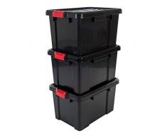 Iris Ohyama, set - 3 boîtes de rangement avec fermeture clic - Power Box - SK-450, plastique, noir, 50 L, 59 x 38,5 x 32 cm