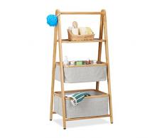 Relaxdays Étagère salle de bain pliable 2 paniers bambou meuble 3 étages bois HxlxP: 105 x 49,5 x 36 cm, nature/gris