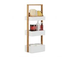 Relaxdays Étagère de salle de bain rangement serviteur de douche avec 3 paniers bois HxlxP: 76 x 30 x 18,5 cm, blanc/nature