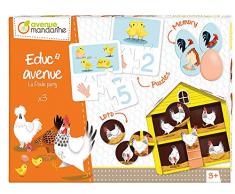 Avenue Mandarine JE516C - Une boite EducAvenue La Poule Party comprenant un Mémo 20 pièces, 10 puzzles 3 pièces, 10 cartes éducatives et un Loto 4 cartes + 20 jetons