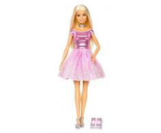 Barbie poupée Joyeux Anniversaire avec robe rose et cadeau inclus, jouet pour enfant, GDJ36