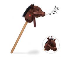 Relaxdays Cheval à bâton Enfants, Effet sonore hennissements, bruits de Sabots, Jouet en Bois, Peluche Jeu, 67 cm, Brun