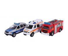 2Play 510176 Lot de 3 véhicules dutilisation assortis (injections en forme de miniature, voiture de police, camion de pompier et camionnette de secours avec moteur de recul Lumière et sonore, batterie incluse
