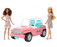 Barbie Voiture Jeep rose, véhicule tout-terrain avec deux sièges turquoises, deux poupées incluses, jouet pour enfant, FPR59