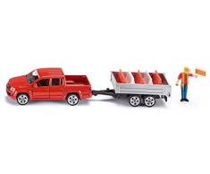 SIKU 3543 - Pick-Up avec Remorque Basculante, 1:55, Métal/Plastique, Rouge, Figurine et 5 Blocs de Guidage de Trafic Inclus