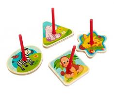 Hess Jouet en Bois 14340 – Toupie en Bois Animaux de la Jungle, 6 x 6 x 8 cm, Lot de 4