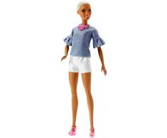 Barbie Fashionistas poupée mannequin #82 aux cheveux courts, top en jean, collier rose et short blanc, jouet pour enfant, FNJ40
