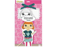 Avenue Mandarine PP029C - Une boite Poupée à peindre comprenant une poupée 13x4x28 cm, un pinceau, un ruban, une planche adhésive en tissu et 6 pots de peinture, Maya