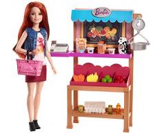 Barbie Métiers Stand de Fruits et Légumes pour poupée avec caisse enregistreuse, étalage de fruits, balance, et accessoires, jouet pour enfant, FJB27