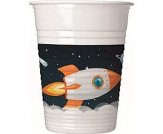Procos 90296 Lot de 8 Gobelets en Plastique pour fête Motif Espace, Noir, Blanc