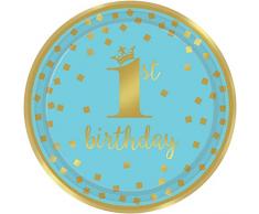 Amscan International 551862 papier et plastique Vaisselle, Assiette met 23 cm 1er anniversaire Bleu et doré