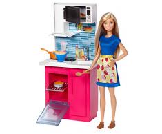 Barbie Mobilier Coffret Cuisine avec poupée en robe, micro-ondes, four, évier et accessoires de cuisine, jouet pour enfant, DVX54