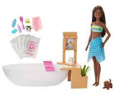 Barbie Bien-être coffret Bain Coloré avec poupée brune, baignoire, figurine chiot et accessoires, jouet pour enfant, GJN33