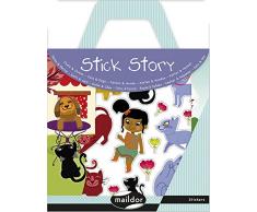 Maildor 566405O - Une valisette Stickstory comprenant 2 décors + 4 planches de stickers repositionnables, Chiens et chats (64 stickers)