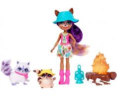 Enchantimals Coffret Camping, Mini-poupée Raelin Raton-Laveur et Figurines Animales Pester et Romy avec feu de camp et accessoires, jouet enfant, FJJ29