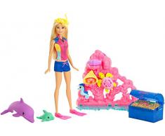 Barbie La Magie des Dauphins Coffret sous locéan, poupée Blonde avec figurine danimaux et récif coralien, jouet pour enfant, FCJ29