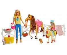 Barbie Famille coffret Amies des Animaux, poupée et mini-poupée Chelsea, cheval, poney, chiot et accessoires, emballage fermé, jouet pour enfant, GLL70