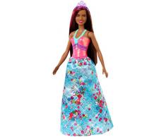 Barbie Dreamtopia poupée princesse brune avec mèche rose, jupe bleue et diadème, jouet pour enfant, GJK15