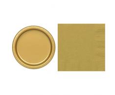 Unique Party - 33252 - Paquet de 16 Assiettes en Carton - 21,9 cm - Or & 33242 - Paquet de 50 Serviettes en Papier - 16,5 cm - Or