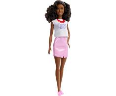 Barbie Métiers Surprise poupée brune avec haut blanc et jupe rose, inclus une tenue et des accessoires surprises, jouet pour enfant, GFX85
