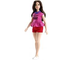 Barbie Fashionistas poupée mannequin #98 brune avec collier violet, top rose Future is Bright et short rouge, jouet pour enfant, FJF58