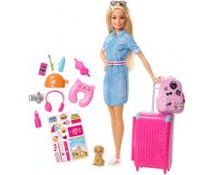 Barbie Voyage poupée blonde avec sa valise et son sac à dos, figurine de chien, autocollants et accessoires, jouet pour enfant, FWV25