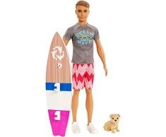 Barbie La Magie des Dauphins Ken poupée Surfeur, avec sa planche de surf et figurine de chien, jouet pour enfant, FBD71