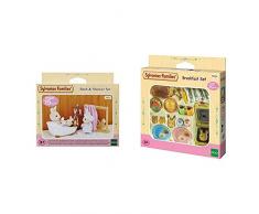 Sylvanian Families - 5022 - Ensemble Baignoire et Douche - Mini-Poupée & 5024 - Set Petit Dejeuner - Poupées et Accessoires