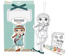 Avenue Mandarine PP026C - Une boite Poupée à peindre comprenant une poupée 13x4x28 cm, un pinceau, un ruban, une planche adhésive en tissu et 6 pots de peinture, Cassie