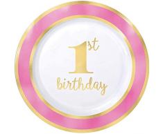 Amscan International 430619 Papier Vaisselle, Assiette Plastique 26 cm 1er Anniversaire Pinkbrdr
