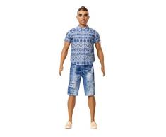 Barbie Fashionistas poupée mannequin Ken #13 brun avec chemise bleue à imprimé aztèque, short en jean et chaussures beiges, jouet pour enfant, FNJ38