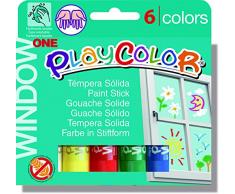 PLAYCOLOR - WINDOW ONE - Stick de peinture gouache solide 10 g pour dessiner sur vos fenêtres, baies vitrées ou toutes autres surfaces en verre, céramique ou miroir - 6 couleurs assorties