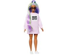 Barbie Fashionistas poupée mannequin #136 aux longs cheveux multicolores avec une robe-pull, jouet pour enfant, GHW52