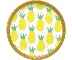 Procos 90596 Ananas Lot de 8 Assiettes de fête en Carton Doré/Blanc/Jaune