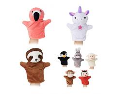 Relaxdays 10024372 Lot de 8 marionnettes colorées pour Enfant en Peluche Douce Motif : Animaux AFFE, Licorne, Paresseux, Flamant Rose