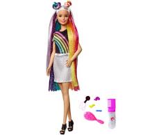 Barbie poupée Chevelure Arc-en-ciel Paillettes avec long cheveux colorés, peigne et accessoires inclus, jouet pour enfant, FXN96