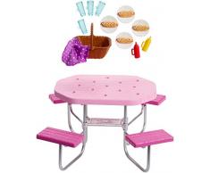 Barbie Mobilier coffret d’extérieur pour poupée table de pique-nique rose avec sièges ajustables et hot-dogs pour 4, jouet pour enfant, FXG40