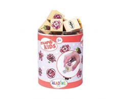 Aladine - Stampo Kids - Tampons Enfant - Activités Manuelles Fille et Garçon - Jouets et Jeux Créatifs pour Enfants - Boîte de 15 Tampons Support Bois + Encreur Inclus - Dès 5 ans (STAMPO KIDS FLEURS)