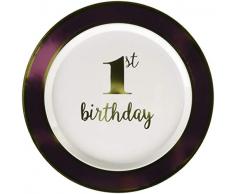Amscan International 430621 7 1/5,1 cm Premium Assiettes en Papier 1er Anniversaire avec Bordure Rose Vaisselle, Plastique 19 cm Pinkbrdr