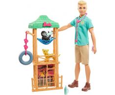 Barbie Métiers coffret poupée Ken Vétérinaire pour animaux sauvages, 2 figurines bébé guépard, petit singe et accessoires, jouet pour enfant, GJM33