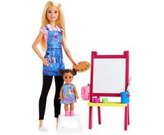 Barbie Métiers coffret poupée Professeure dArt blonde avec une figurine denfant, toile et accessoires, jouet pour enfant, GJM29